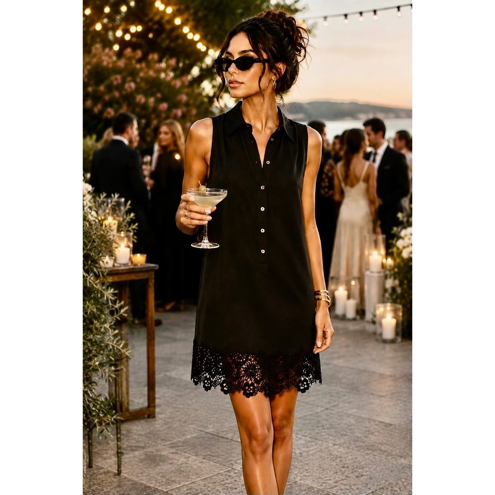 Equipment Femme Lucida Shift Dress Black Silk Sleeveless Lace Hem Size M $280